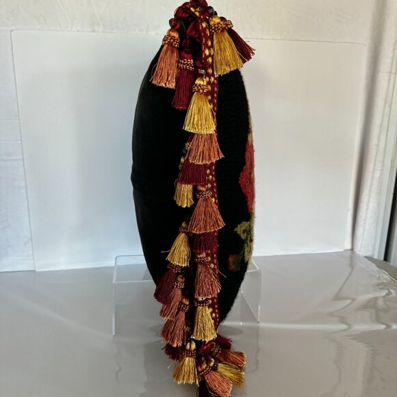 Vtg MCM Hand Hooked Wool Throw Toss Pillow Flower Basket 17x17" Cushion Tasseled - Picture 11 of 16